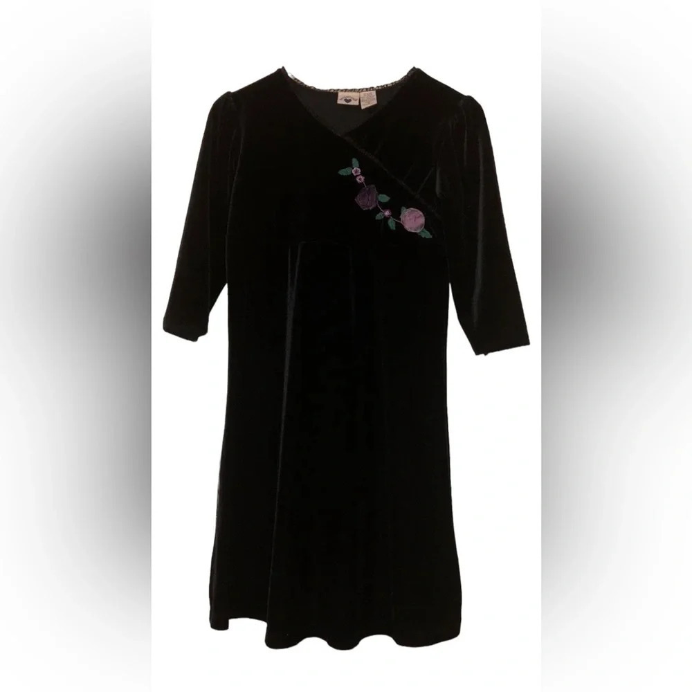 Hartstrings Girls Black Velvet Velour Modest Holiday Dress Sz 12 Floral Accent